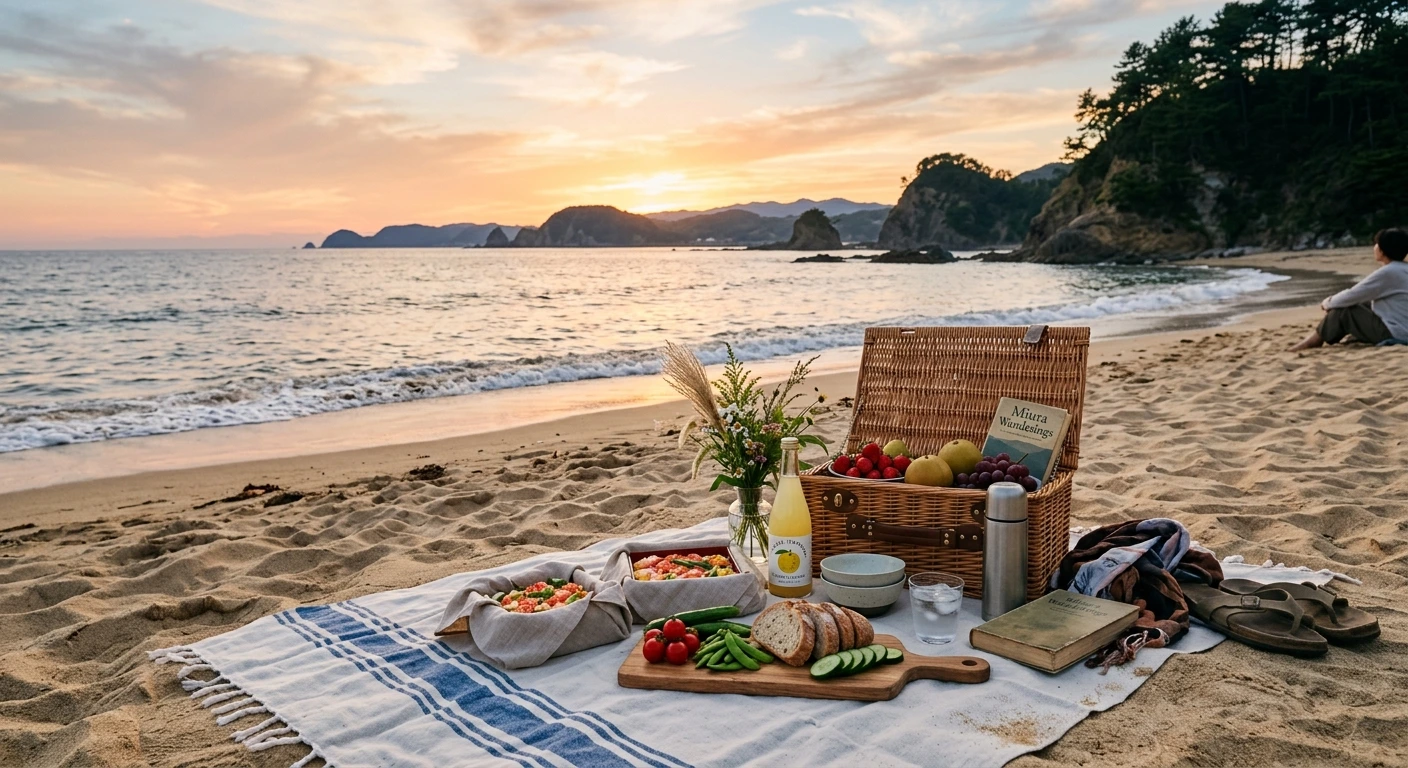 A serene coastal picnic on Miura Peninsula with a blanket, basket of local produce, and a sunset casting golden hues over the ocean.
